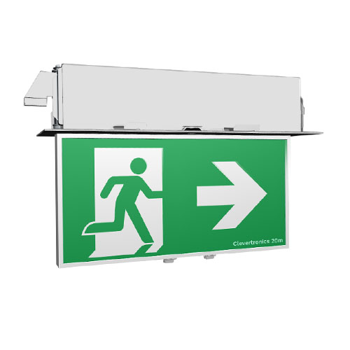 Form 20M Exit, Recessed Ceiling Mount, L10 Nanophosphate, DALI Emergency, All Pictograms, Double Sided, Escape Route Illumination, Brushed Aluminium Frame